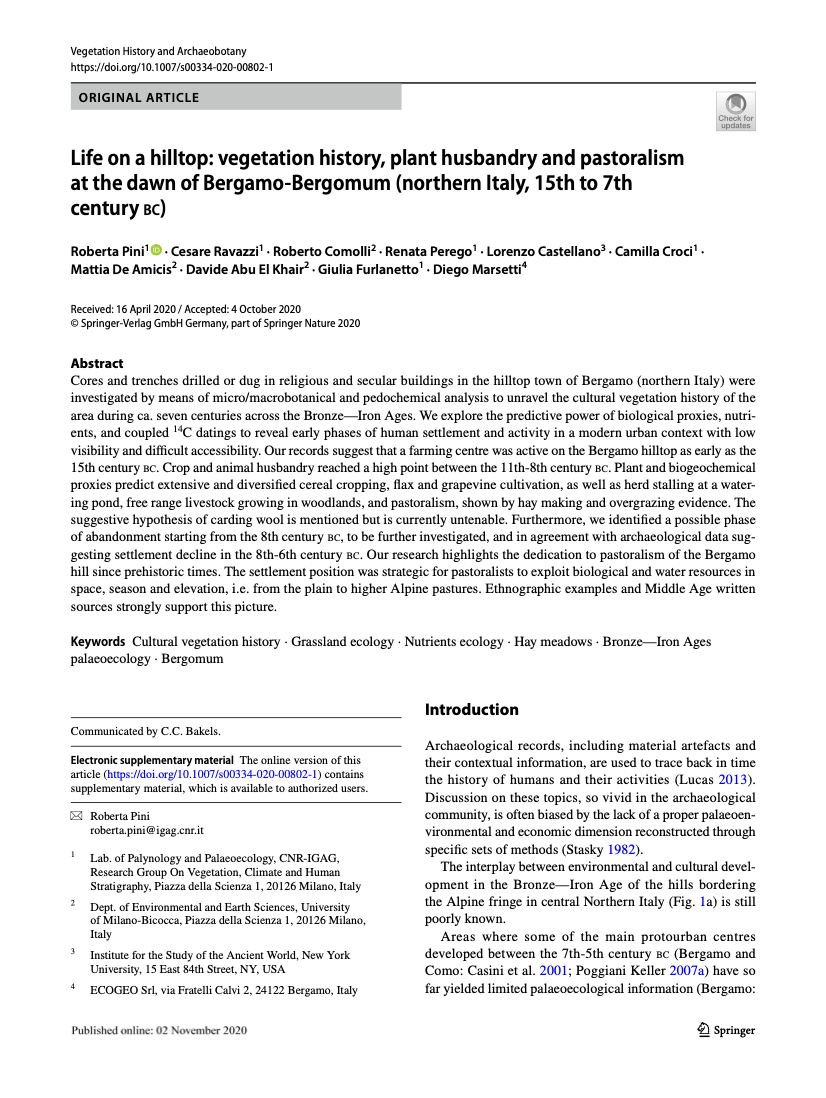 Life on a hilltop: vegetation history, plant husbandry and pastoralism at the dawn of Bergamo‑Bergomum